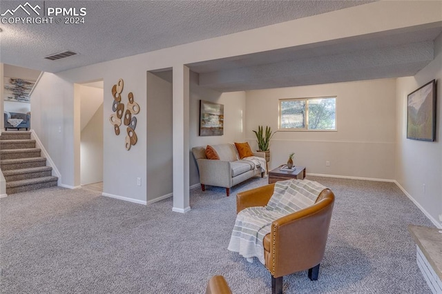 sitting room with light colored carpet and a textured ceiling