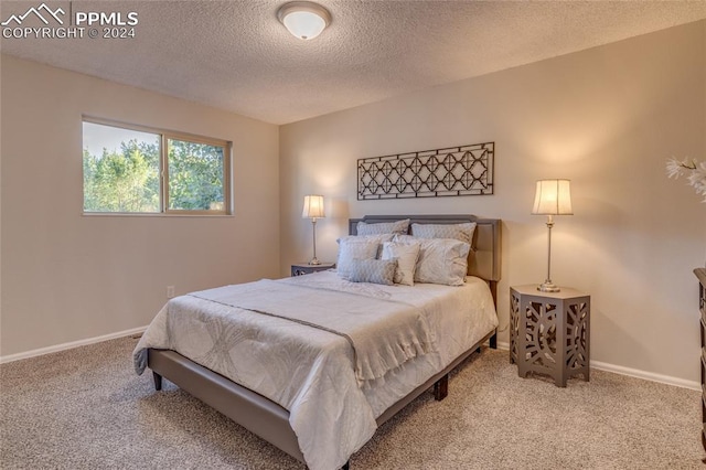 carpeted bedroom with a textured ceiling