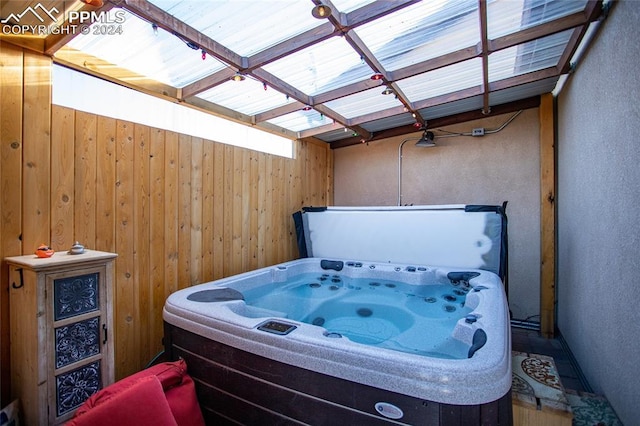 view of patio with a hot tub