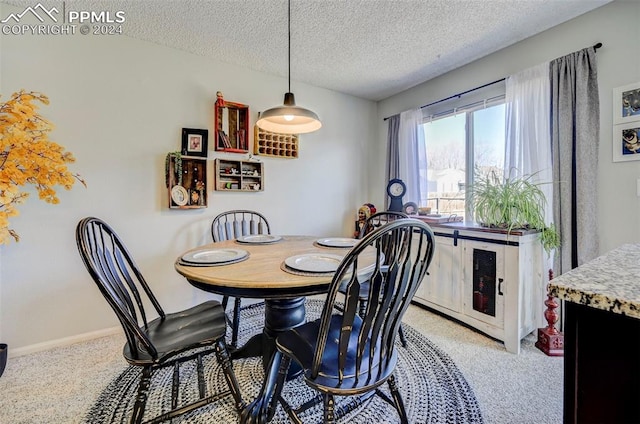 carpeted dining area with a textured ceiling