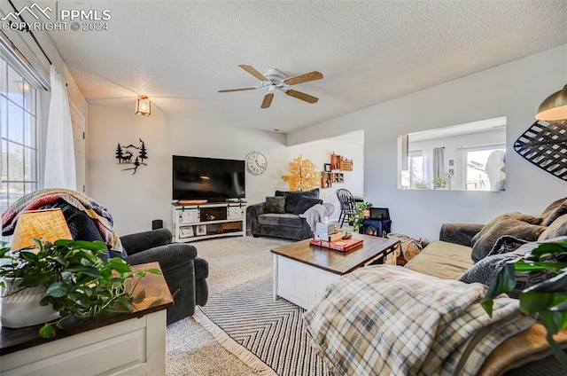 carpeted living room featuring ceiling fan and a textured ceiling