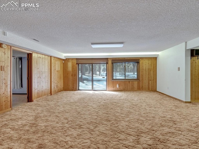 carpeted spare room featuring wood walls and a textured ceiling