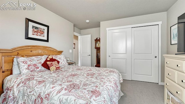 bedroom featuring light colored carpet and a closet