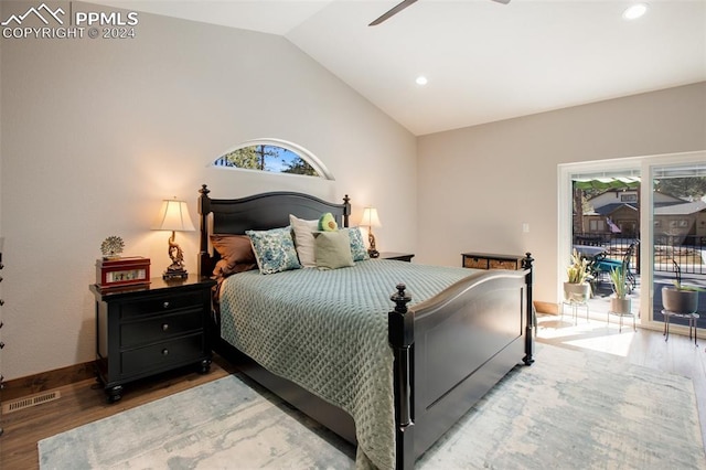 bedroom with access to outside, multiple windows, ceiling fan, and vaulted ceiling