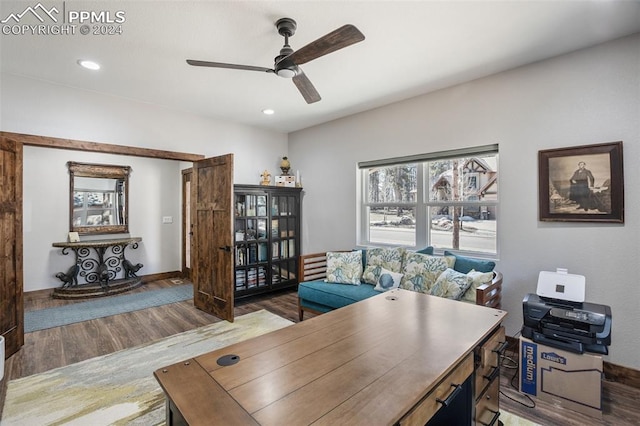 office area featuring ceiling fan and hardwood / wood-style floors