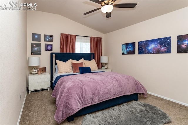 bedroom featuring ceiling fan, carpet floors, and lofted ceiling