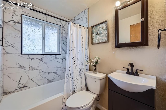 full bathroom with vanity, toilet, and shower / bathtub combination with curtain