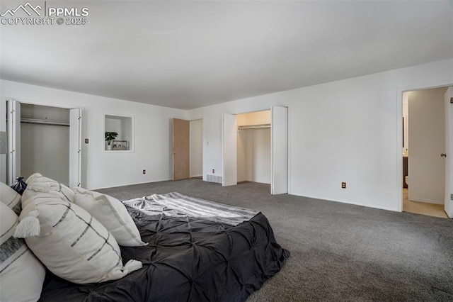 carpeted bedroom featuring multiple closets and ensuite bathroom