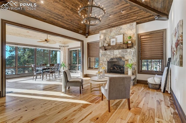 interior space featuring a fireplace, plenty of natural light, and wood ceiling