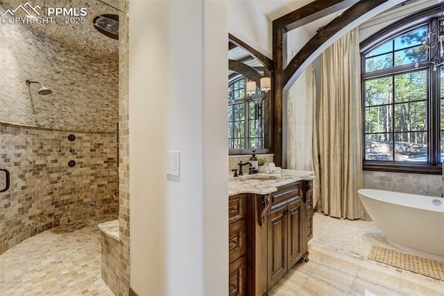 bathroom featuring vanity, a wealth of natural light, and independent shower and bath