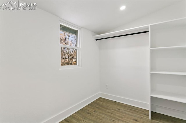 walk in closet featuring dark hardwood / wood-style floors and vaulted ceiling