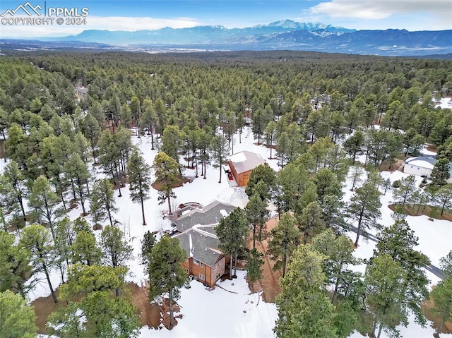 snowy aerial view featuring a mountain view