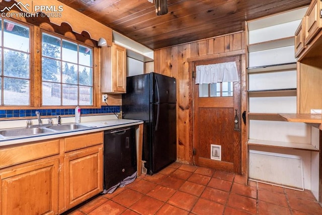 kitchen with wood walls, backsplash, black appliances, sink, and wood ceiling