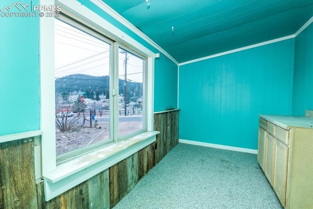 bonus room featuring a mountain view and light colored carpet