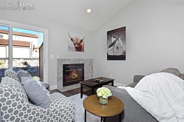 living room featuring wood-type flooring, vaulted ceiling, and a high end fireplace