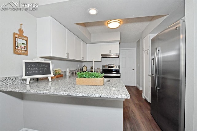 kitchen with kitchen peninsula, appliances with stainless steel finishes, white cabinets, and light stone countertops