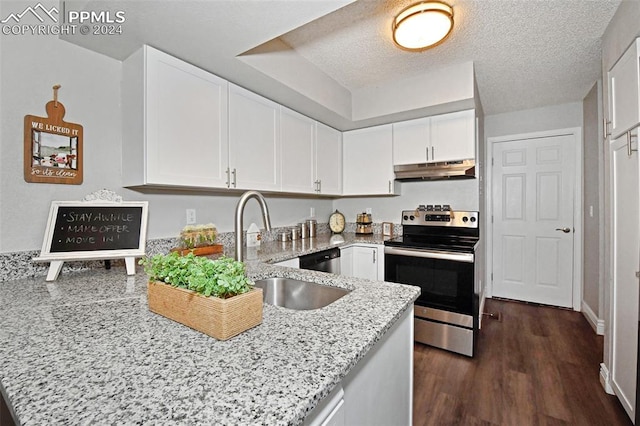 kitchen featuring white cabinetry, light stone countertops, stainless steel appliances, and dark hardwood / wood-style flooring