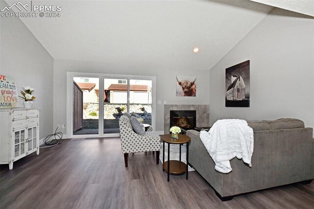 living room with lofted ceiling, dark wood-type flooring, and a fireplace