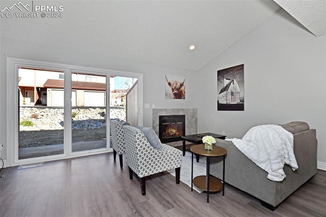 living room featuring hardwood / wood-style floors, lofted ceiling, and a fireplace