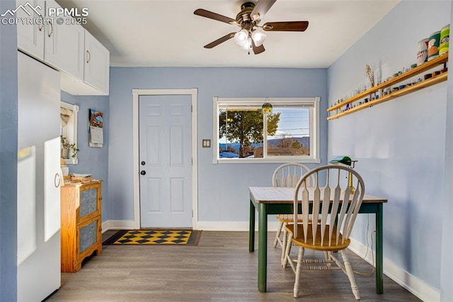 dining room featuring ceiling fan and light hardwood / wood-style floors