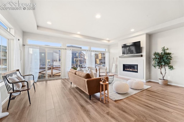 living room with a tray ceiling and light hardwood / wood-style floors