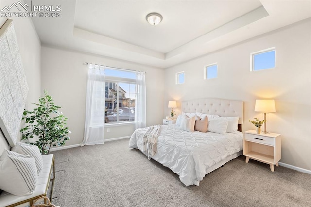 carpeted bedroom with a tray ceiling