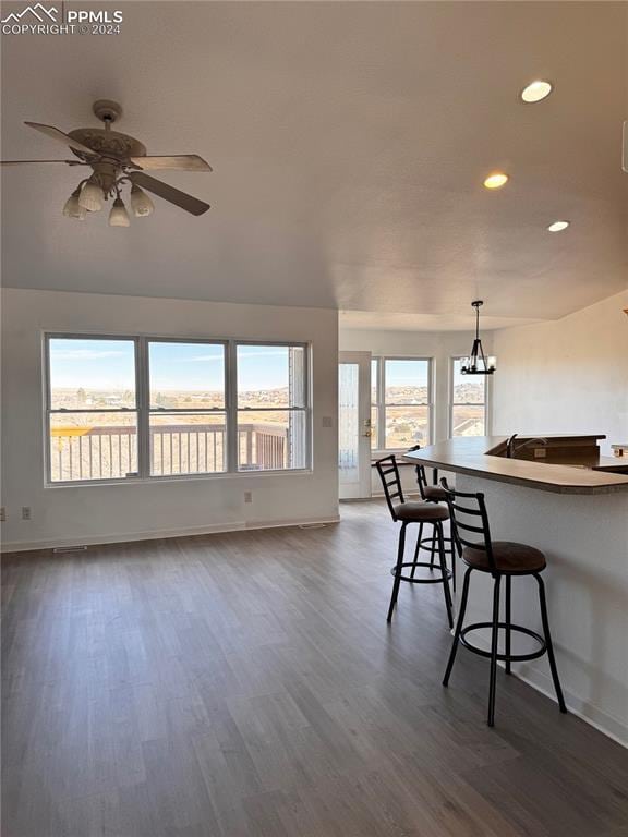 interior space with ceiling fan with notable chandelier, a healthy amount of sunlight, and dark hardwood / wood-style flooring