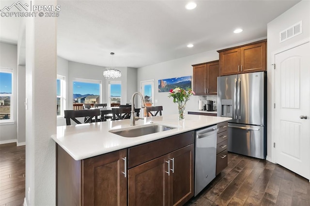 kitchen with sink, stainless steel appliances, dark wood-type flooring, pendant lighting, and a center island with sink