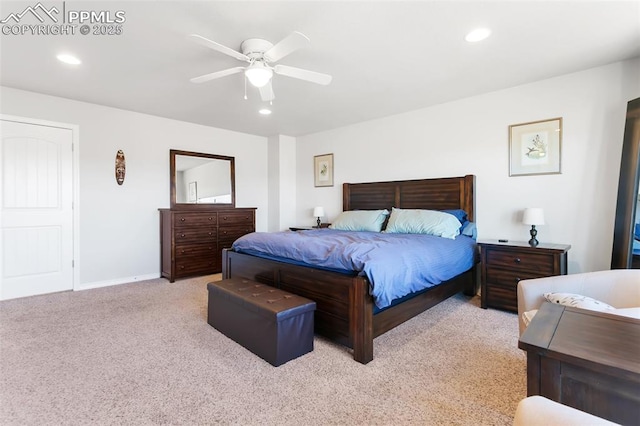 carpeted bedroom featuring ceiling fan