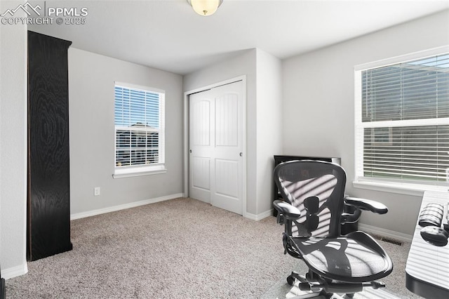 view of carpeted home office