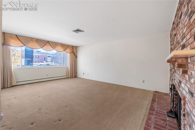 unfurnished living room with a fireplace, carpet floors, and a baseboard heating unit