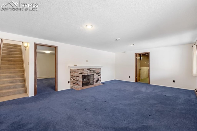 unfurnished living room featuring carpet flooring, a baseboard radiator, and a brick fireplace