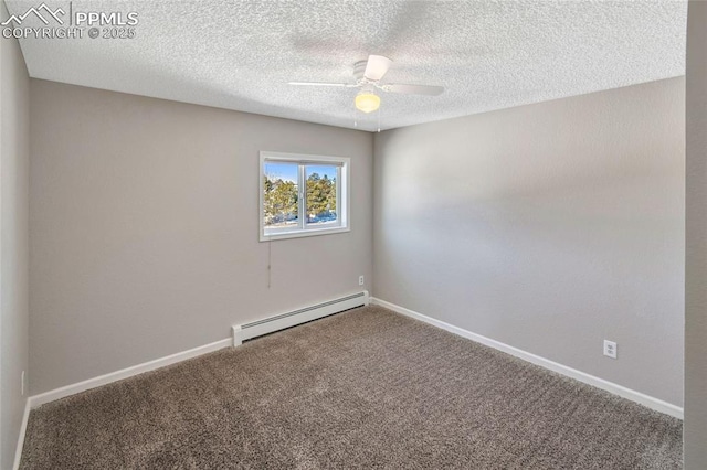 empty room featuring carpet floors, a textured ceiling, a baseboard radiator, and ceiling fan