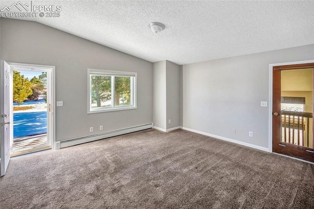 carpeted empty room featuring lofted ceiling, a textured ceiling, and baseboard heating