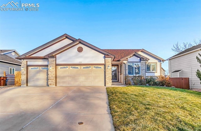 single story home featuring a front yard and a garage