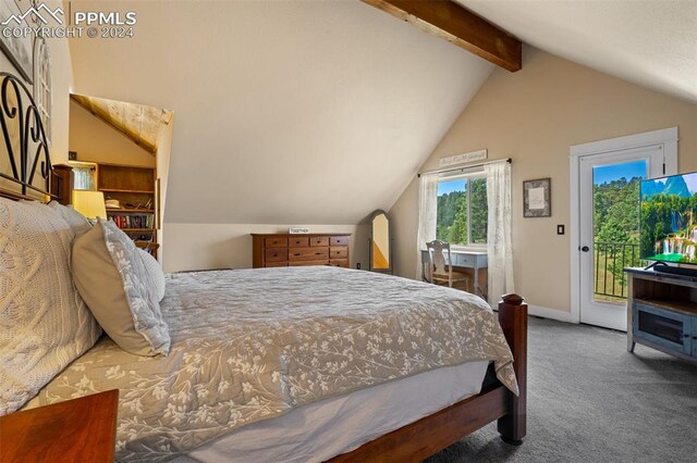 carpeted bedroom with lofted ceiling with beams and access to outside
