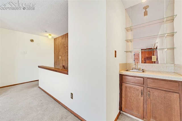 bar with a textured ceiling, wood walls, light colored carpet, and sink