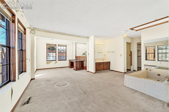 interior space with light colored carpet and a textured ceiling