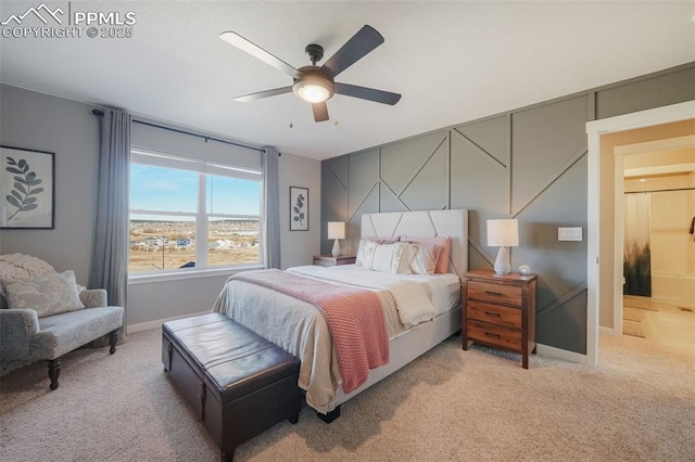 bedroom featuring light carpet and ceiling fan