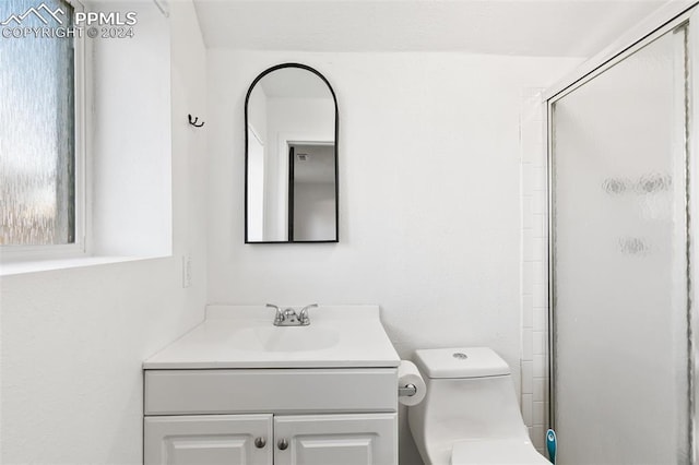 bathroom with toilet, vanity, and walk in shower