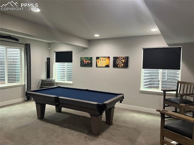 recreation room featuring light colored carpet and billiards