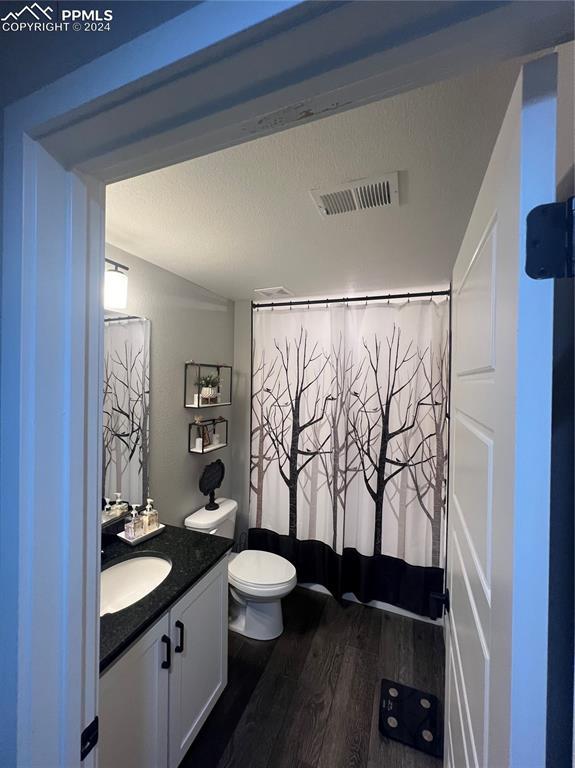 bathroom with wood-type flooring, vanity, and toilet