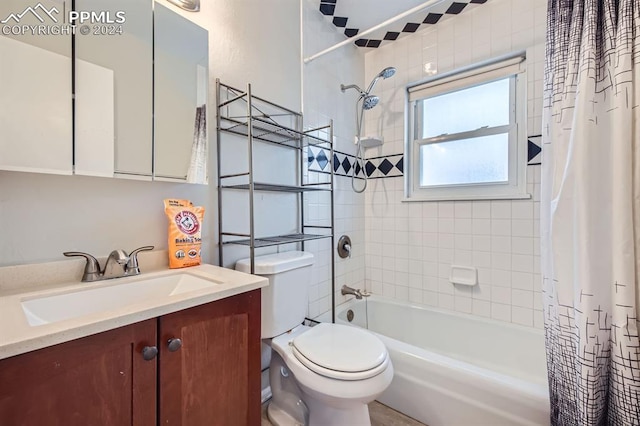 full bathroom featuring vanity, shower / bathtub combination with curtain, and toilet