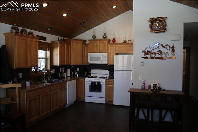 kitchen featuring white appliances, sink, wood ceiling, and vaulted ceiling