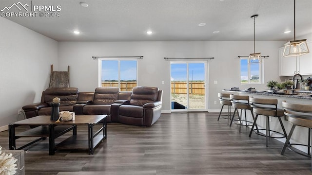 13358 Savannah Falls Ct, Peyton, CO 80831 - living area featuring recessed lighting, dark wood-style floors, baseboards, and a wealth of natural light