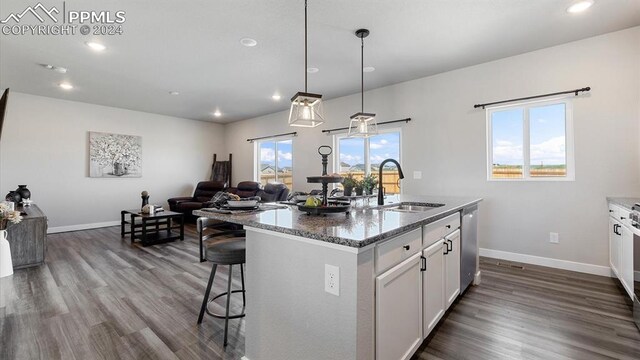 13358 Savannah Falls Ct, Peyton, CO 80831 - kitchen with dark wood finished floors, a sink, stone countertops, and open floor plan