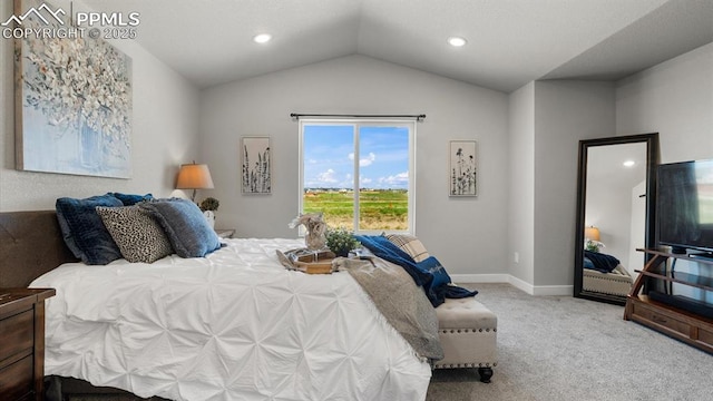 13358 Savannah Falls Ct, Peyton, CO 80831 - bedroom with baseboards, carpet floors, vaulted ceiling, and recessed lighting