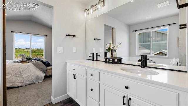13358 Savannah Falls Ct, Peyton, CO 80831 - bathroom with double vanity, a sink, connected bathroom, and vaulted ceiling