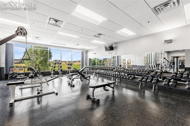13358 Savannah Falls Ct, Peyton, CO 80831 - exercise room featuring visible vents and a paneled ceiling