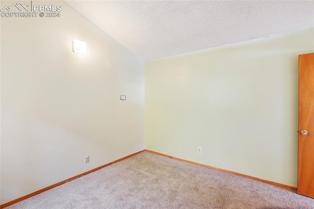 carpeted spare room featuring a textured ceiling and vaulted ceiling